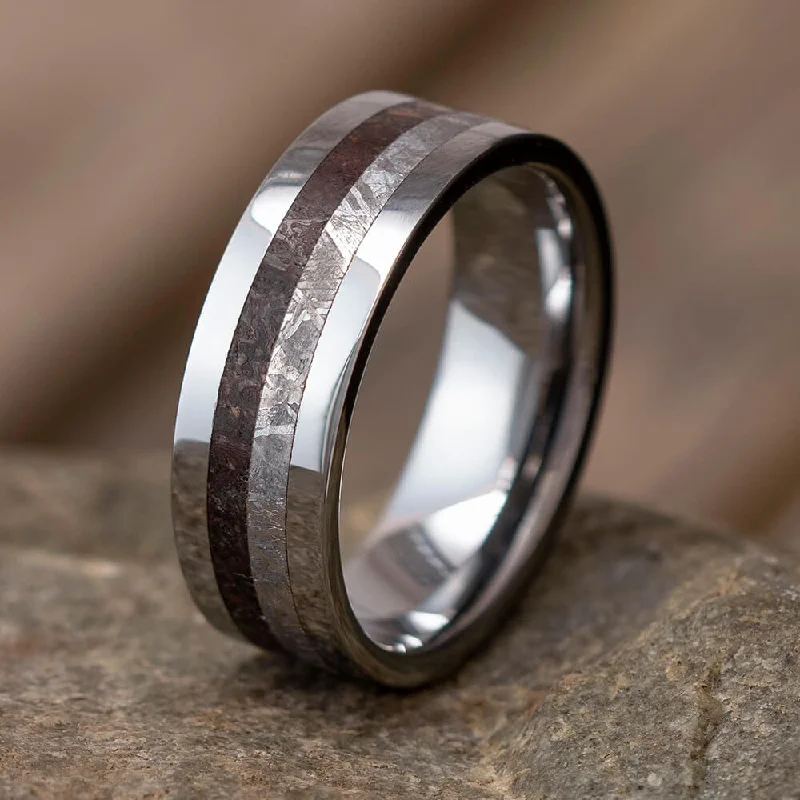 women's twist band rings-Meteorite & Dinosaur Bone Ring in Polished Tungsten