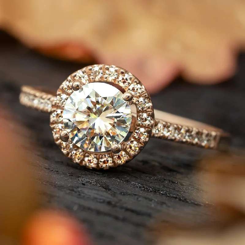 women's anniversary band rings-Charles & Colvard Moissanite Halo Engagement Ring in Rose Gold