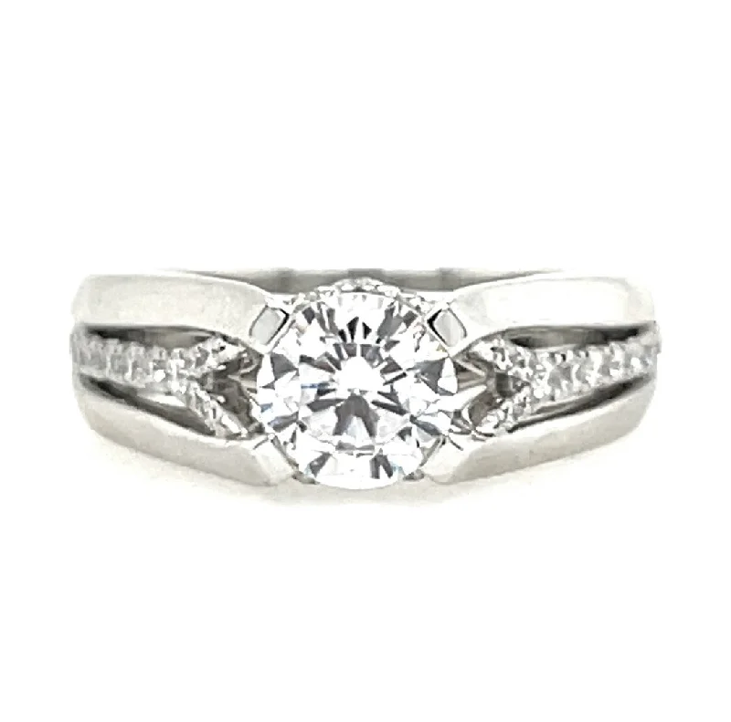 women's three-stone engagement rings-Contemporary Round Diamond Engagement Ring with Triple-Row Polished Band