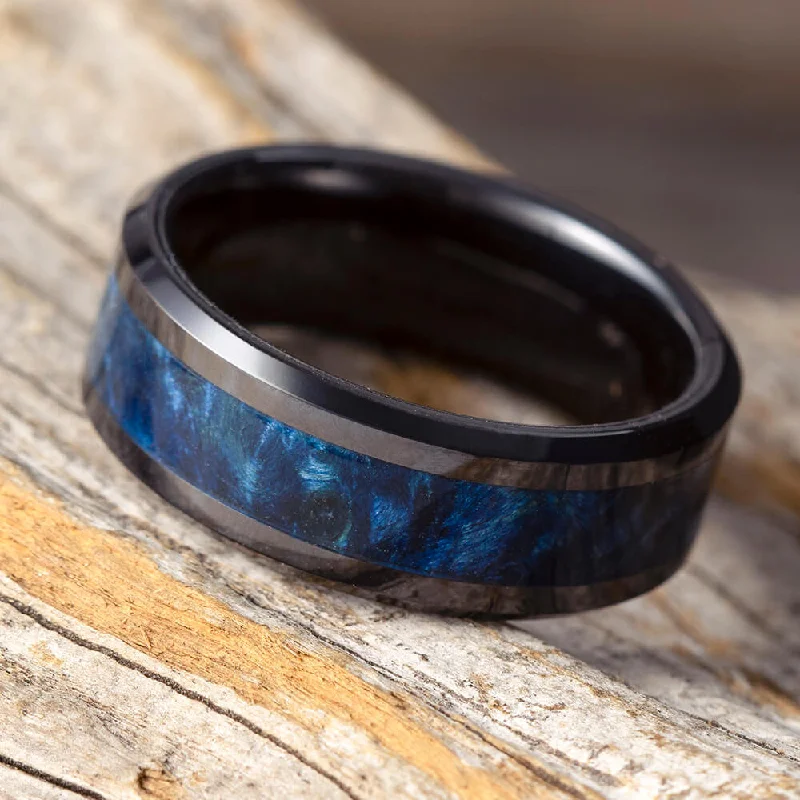 women's boho rings-Blue Burl Wood Men's Ring in Black Ceramic