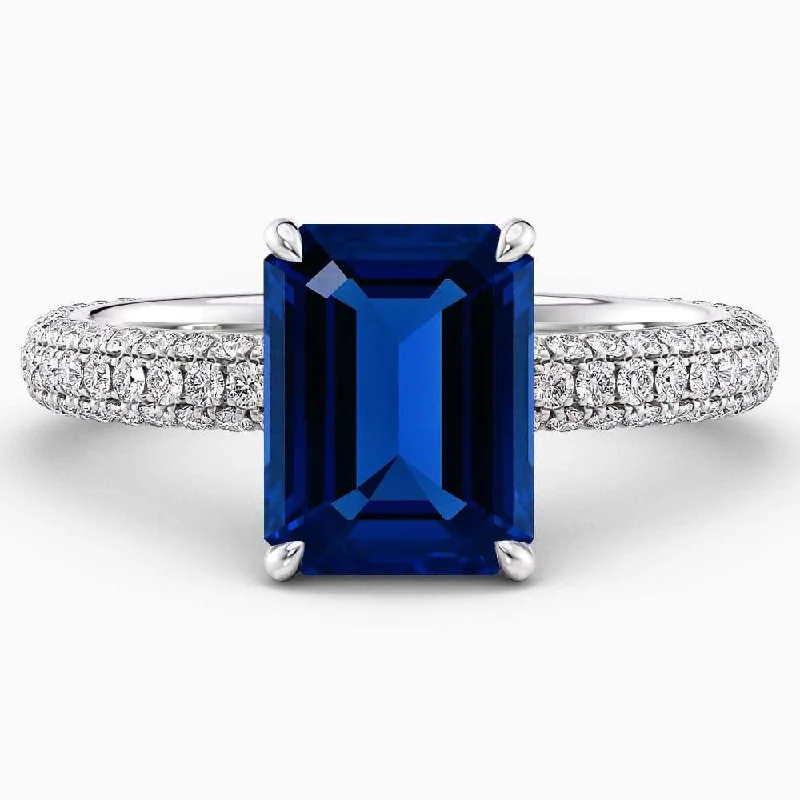 women's three-stone diamond engagement rings-4.70 Carat Emerald Shape Hidden Halo Blue Sapphire Engagement Ring