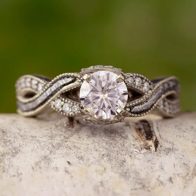 women's solitaire diamond rings-Moissanite Engagement Ring with a Twisted Meteorite and Diamond Shank