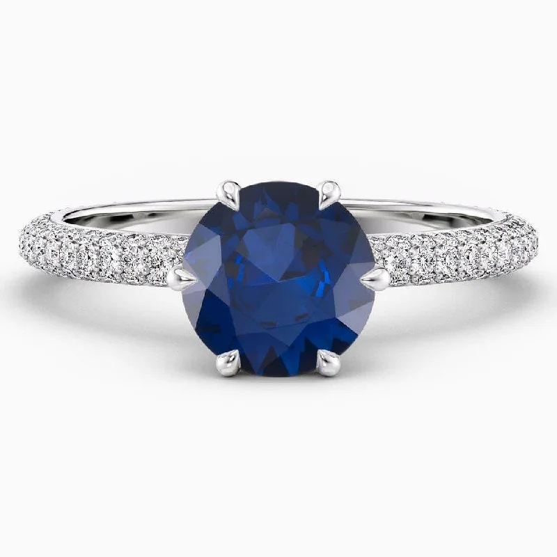 women's platinum solitaire engagement rings-2.30 Carat Round Shape Pave Setting Blue Sapphire Engagement Ring