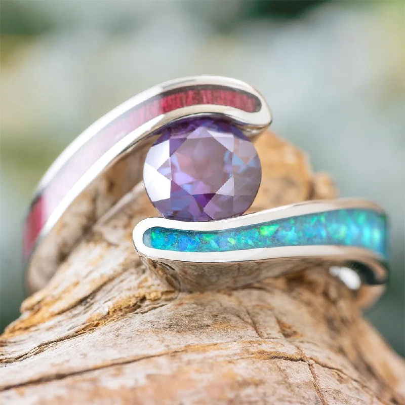 women's princess-cut rings-Colorful Engagement Ring with Wood, Opal, and Alexandrite