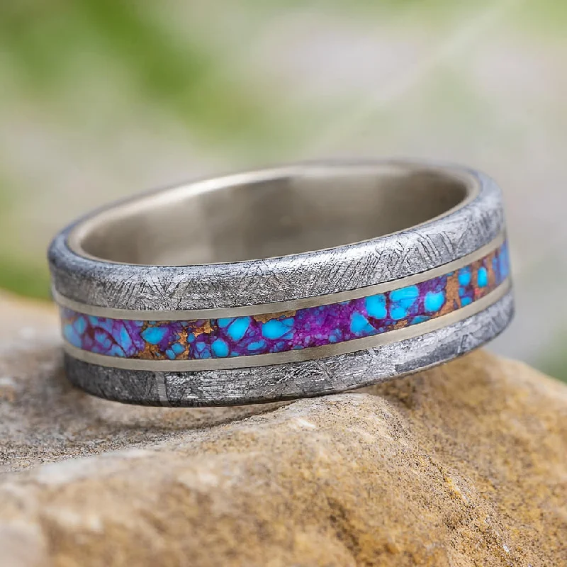 women's stackable rings-Lava Mosaic Turquoise Men's Ring With Meteorite Edges & Pinstripes