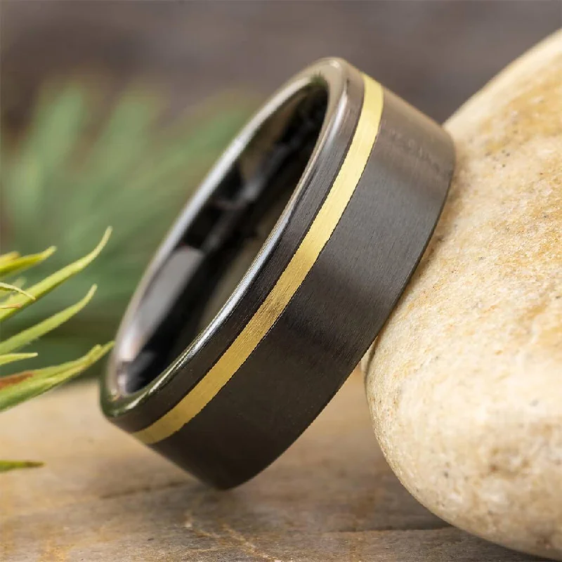 women's mixed metal rings-Black Ceramic Band with Yellow Gold Pinstripe