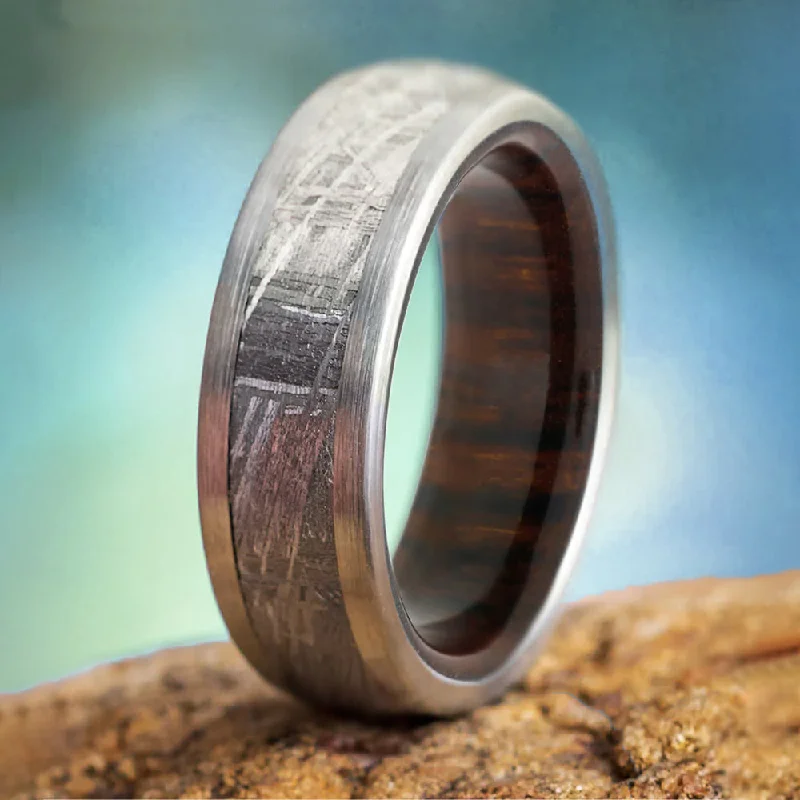 women's solitaire rings-Meteorite Ring With Wood Sleeve in Titanium