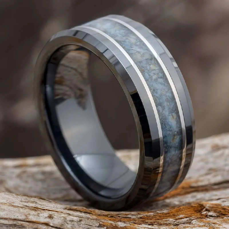 women's heart-shaped rings-Black Ring With Crushed Dinosaur Bone and Titanium Pinstripes