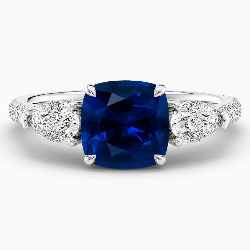 women's engagement rings with natural gemstones-3 Carat Cushion Shape Three Stone Blue Sapphire Engagement Ring