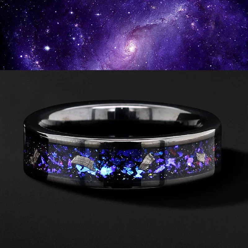 women's engagement rings with a twisted band-NEBULA - Natural Meteorite & Opal | Tungsten Wedding Band