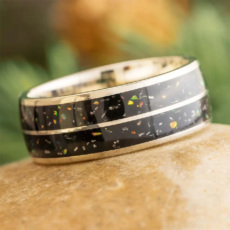 women's silver stacking rings-Men's Black Opal Stardust™ Meteorite Ring in White Gold