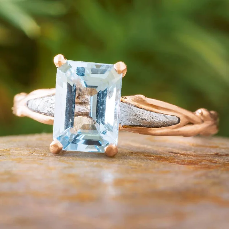 women's yellow gold rings-Aquamarine and Rose Gold Solitaire With Meteorite