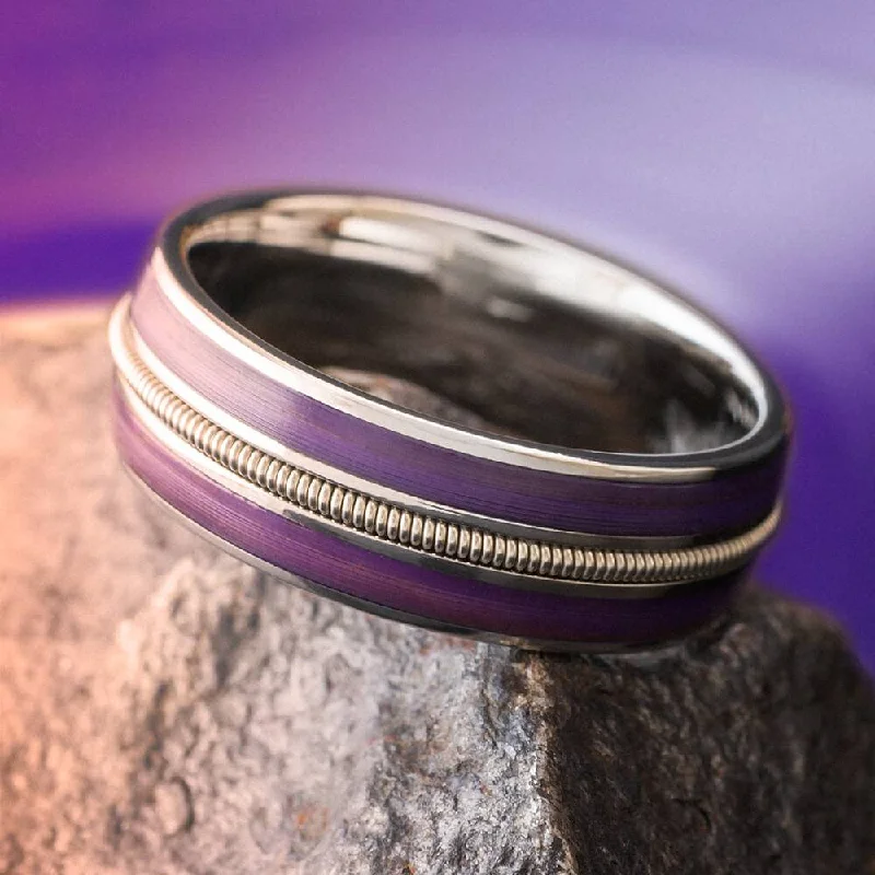 women's diamond wedding rings-Purple Rain Vinyl Wedding Band with Guitar String