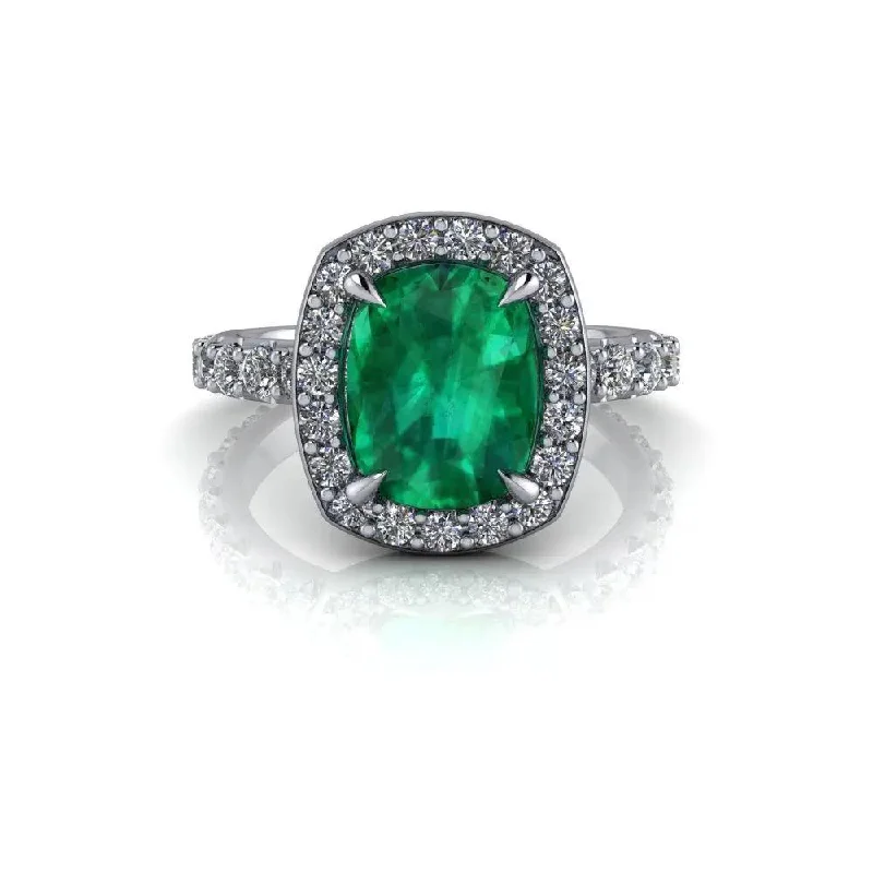 women's engagement rings with diamonds-Cushion Cut Emerald Lab Grown Diamond Halo Engagement Ring 3.02 ctw