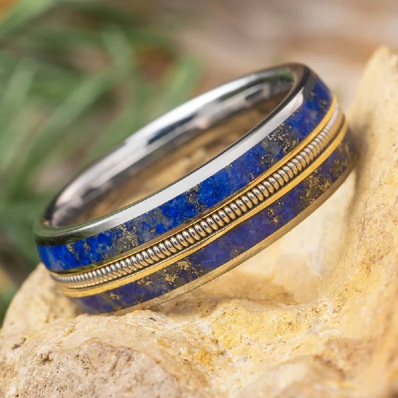 women's wide ring bands-Lapis Lazuli and Guitar String Wedding Band for Musicians