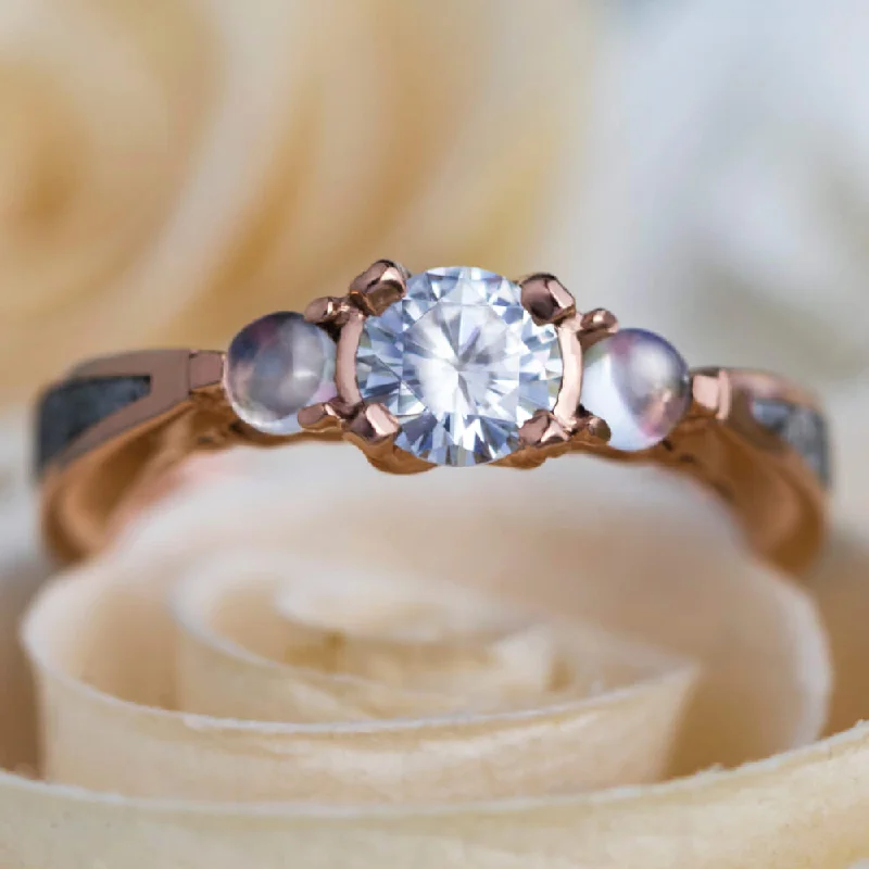 women's custom rings-Meteorite, Moonstone & Moissanite Three Stone Engagement Ring