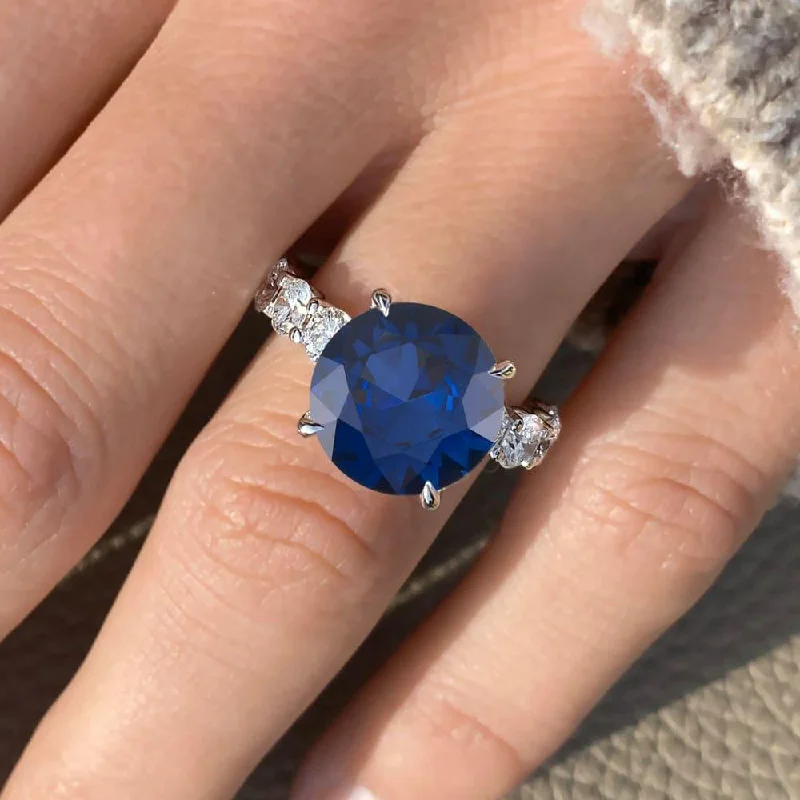 women's solitaire diamond engagement rings-10 Carat Round Shape Floating Prong Blue Sapphire Engagement Ring