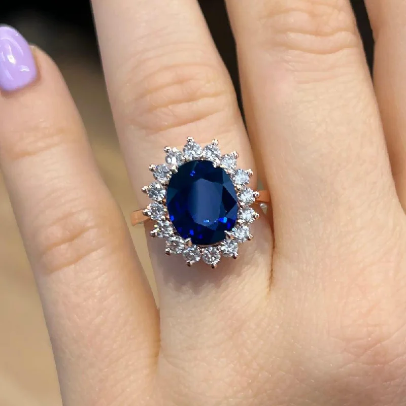 women's gold and diamond engagement rings-6 Carat Oval Shape Diana Halo Blue Sapphire Engagement Ring