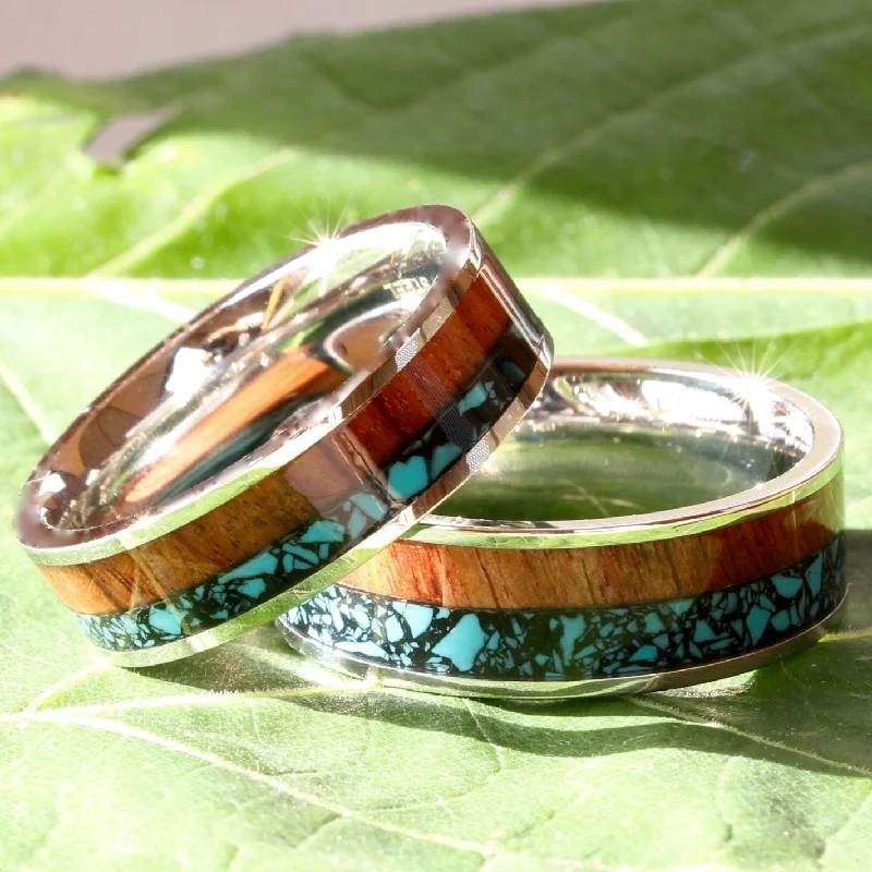 women's engagement rings with round diamonds-Wood & Turquoise Wedding Band Set for Him and Her | His and Hers Wedding Bands