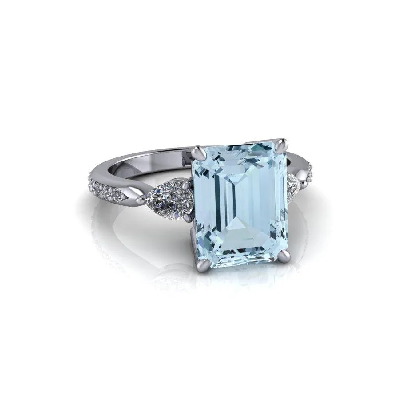 women's three-stone engagement rings-Emerald Cut Aquamarine & Diamond Engagement Ring