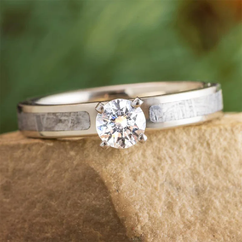 women's vintage wedding rings-0.5 CT Diamond Engagement Ring with Gibeon Meteorite in White Gold