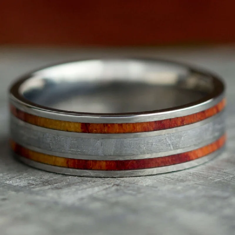 women's wedding band rings-Flashy Meteorite Ring with Tulipwood Inlays, Titanium Wedding Band