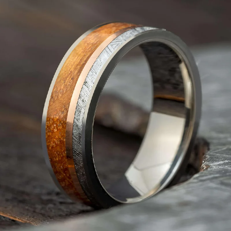 women's statement rings-Meteorite & Whiskey Barrel Wood Wedding Band with Gold Pinstripe