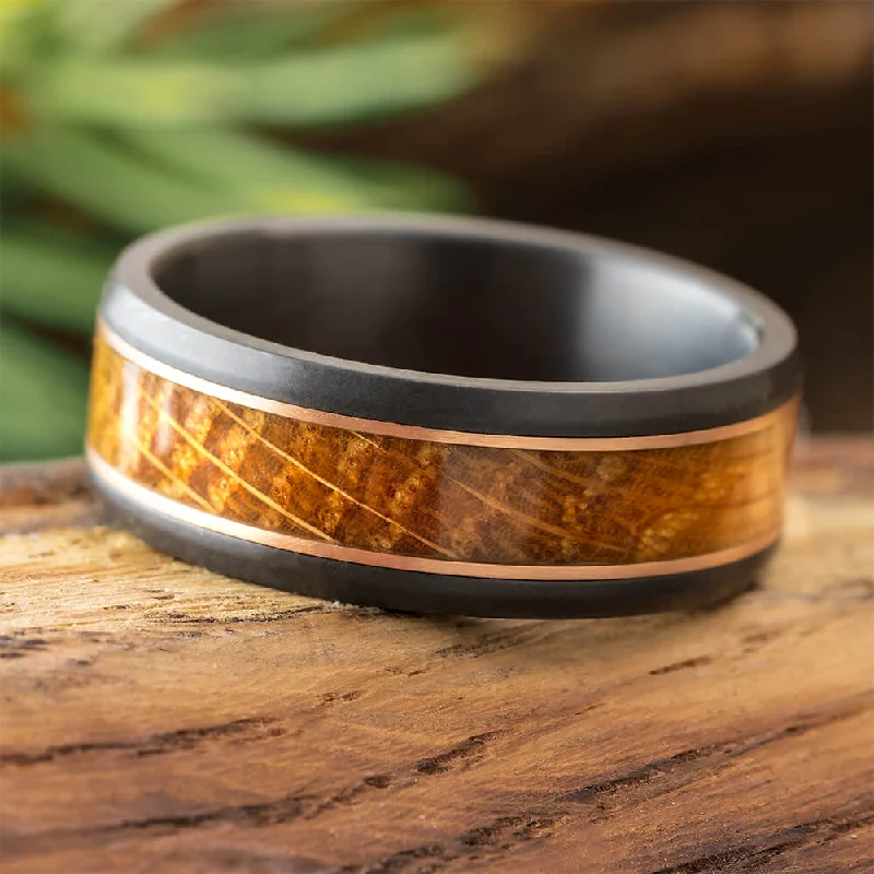 women's twist rings-Black Zirconium Ring with Whiskey Barrel and Rose Gold Pinstripes