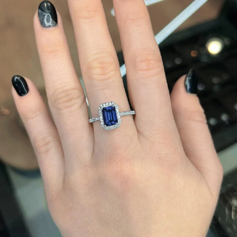 women's wedding engagement diamond rings-2.40 Carat Emerald Shape Halo Blue Sapphire Engagement Ring