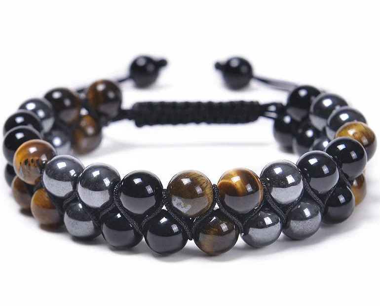 Tigereye + Black Magnet + Black Agate Double-Layer Bracelet