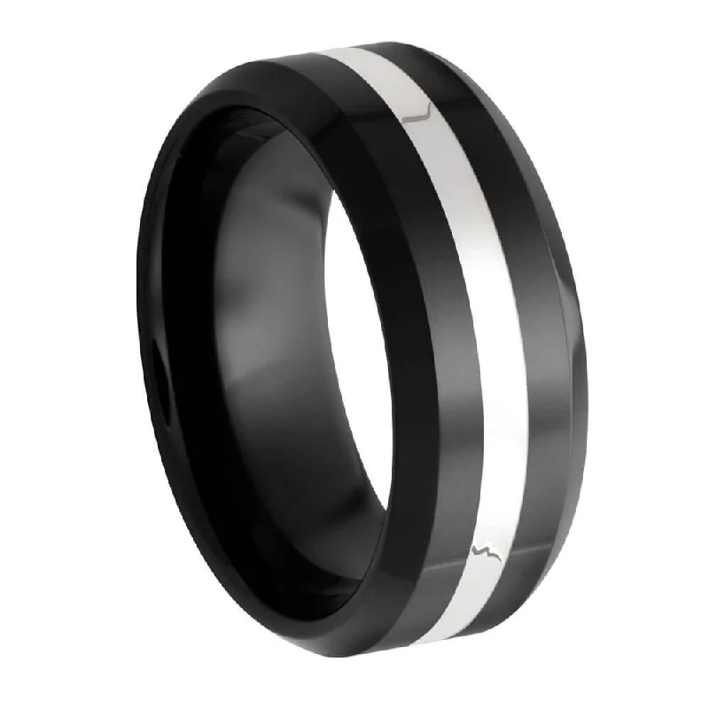 women's double band rings-Shining Sterling Silver Inlaid in a Black Ceramic Ring