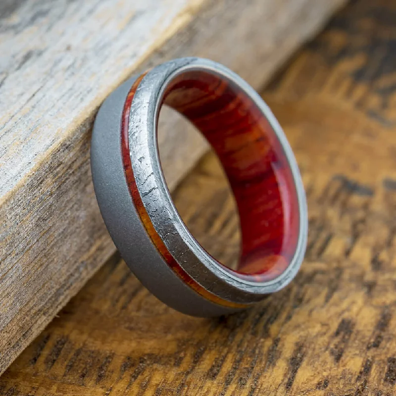 women's fashion rings-Exotic Wood and Meteorite Wedding Band with Sandblasted Titanium