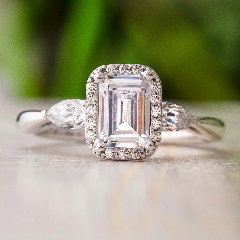 women's solitaire diamond rings-Emerald Cut Moissanite Halo Engagement Ring