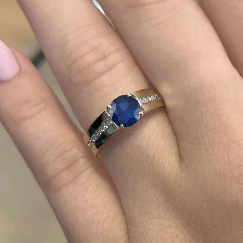 women's solitaire engagement rings-1.40 Carat Round Shape Wide Band Blue Sapphire Engagement Ring