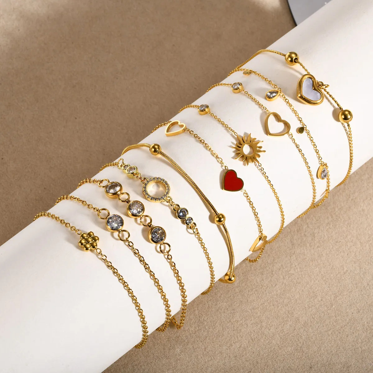 women's multi-layer bracelets-Ig Style Korean Style Round Heart Shape Flower Stainless Steel Plating Inlay Zircon 18k Gold Plated Bracelets