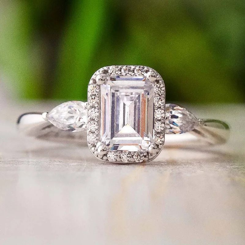 women's rose gold wedding bands-Emerald Cut Diamond Center Stone with Halo Engagement Ring