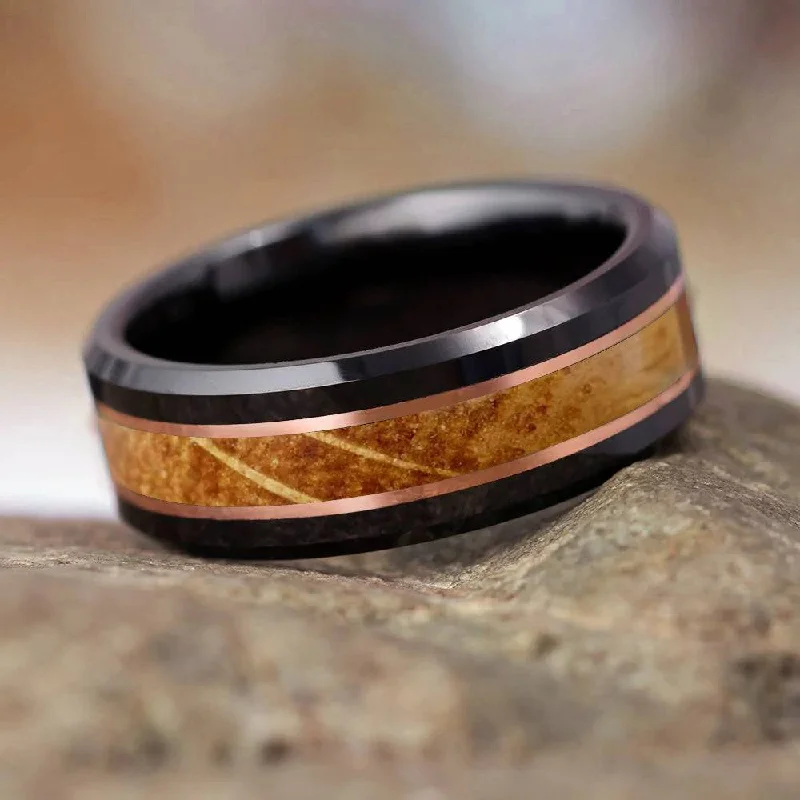 women's promise rings-Whiskey Barrel Oak Wood & Black Ceramic Ring With Copper Pinstripes