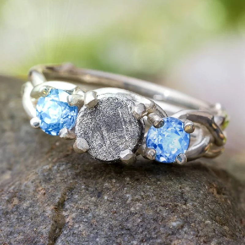 women's classic rings-Three Stone Meteorite Engagement Ring With Aquamarine