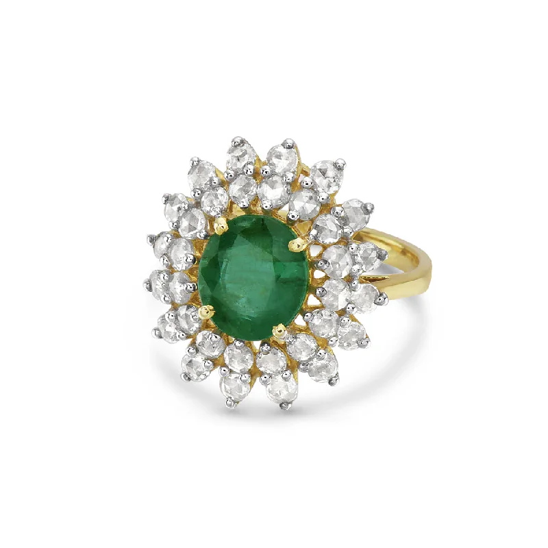 women's minimal engagement rings-Oval Cut Emerald & Diamond Double Halo Engagement Ring (4.05 ct.) in 14K Gold