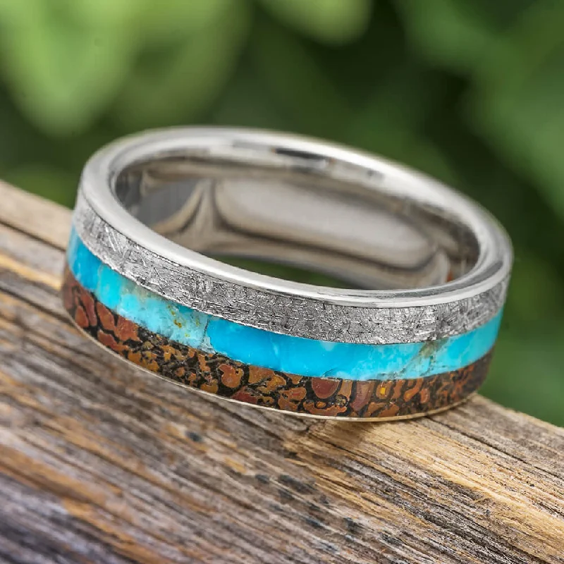 women's personalized rings-Turquoise, Meteorite & Dinosaur Bone Men's Wedding Band