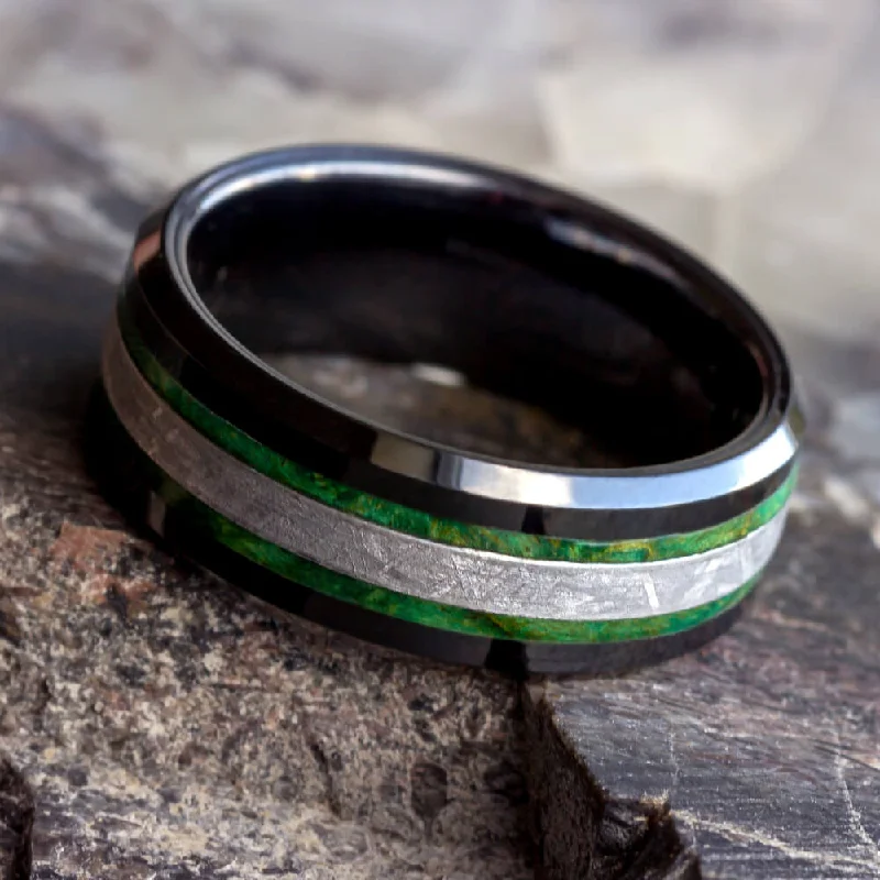 women's wedding rings set-Black Ceramic Ring with Meteorite & Wood Inlays